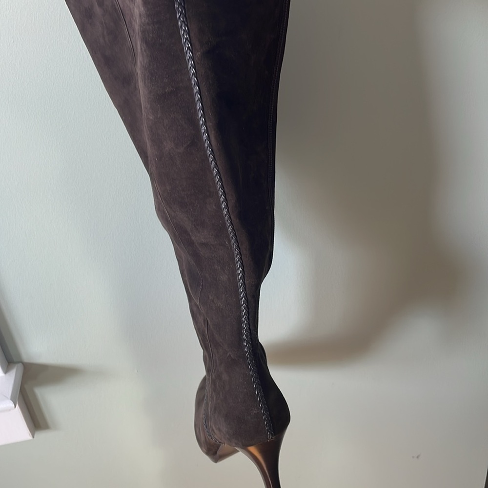Tahari Brown Suede Boots 8.5 with braided leather detail on front and up back